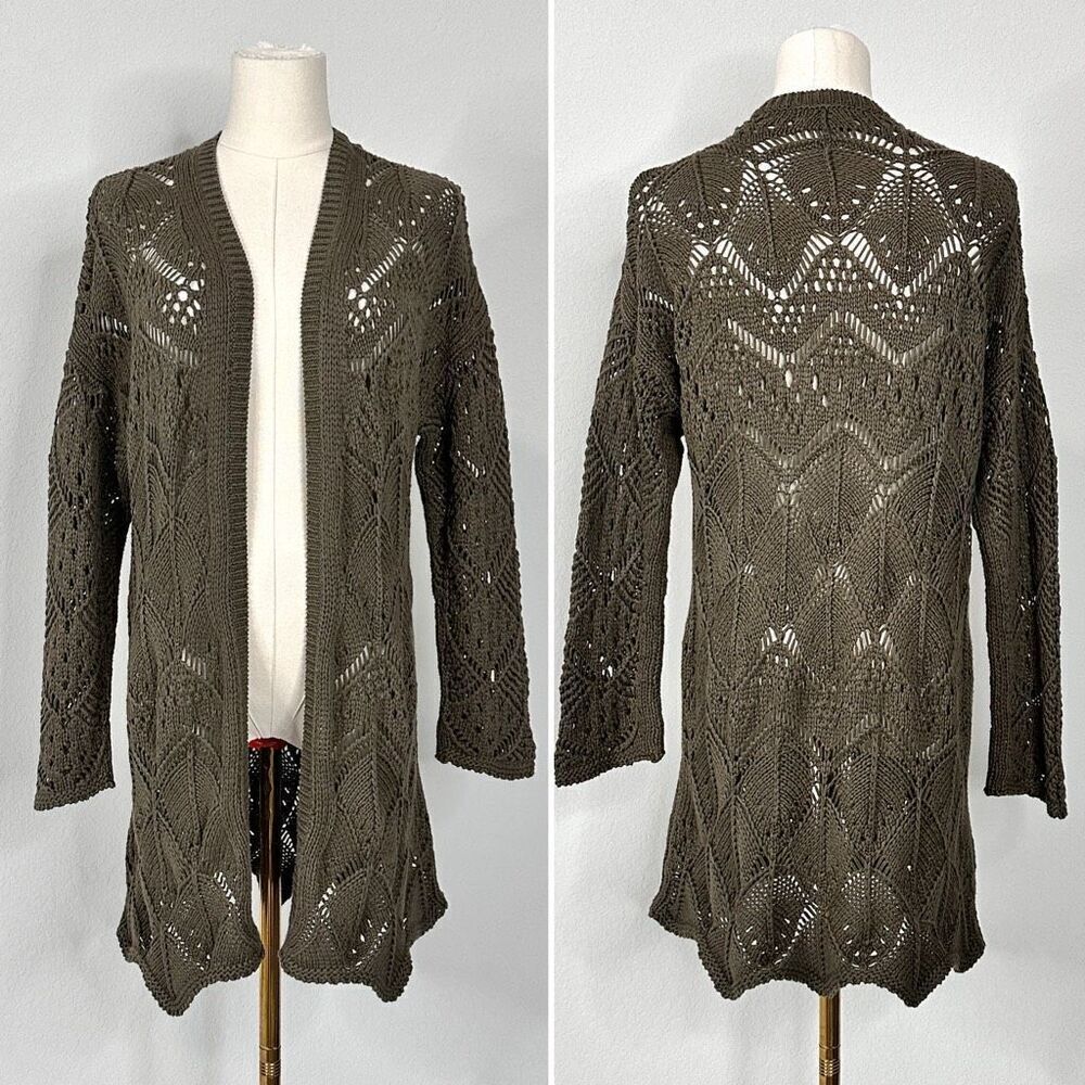 The Kooples XS Olive Green Crochet Open Knit Longline Cardigan Boho Festival